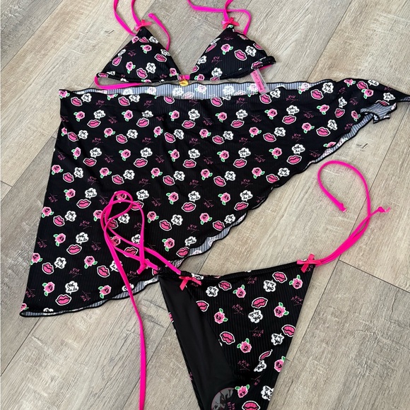 Betsey Johnson Other - Betsey Johnson black pink 3 piece bikini set coverup sarong and top and bottoms
